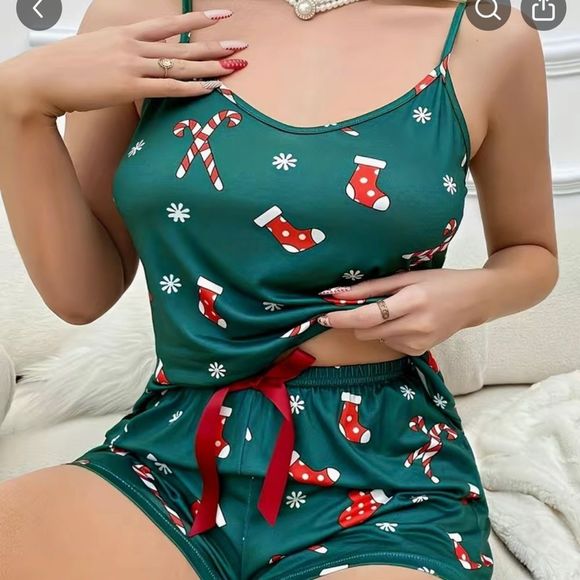 Other - NWT -Plus Size Christmas Pajama Set Green Cami & Shorts Candy Cane - Size 1XL-14